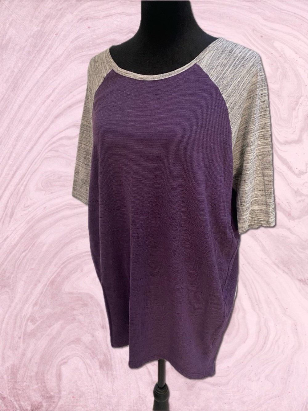 LuLaRoe Purple Tee with Heathered Gray Raglan Sleeves